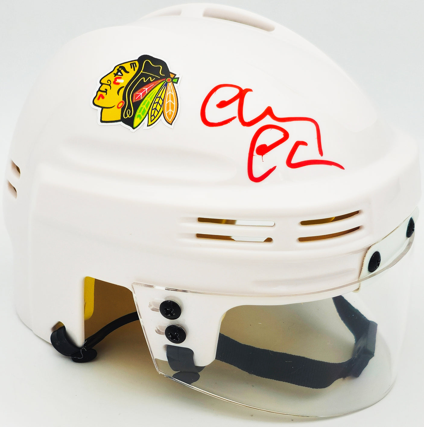 Chevy Chase Autographed Chicago Blackhawks White Speed Mini Helmet Christmas Vacation Logo Beckett BAS Witness Stock #232842