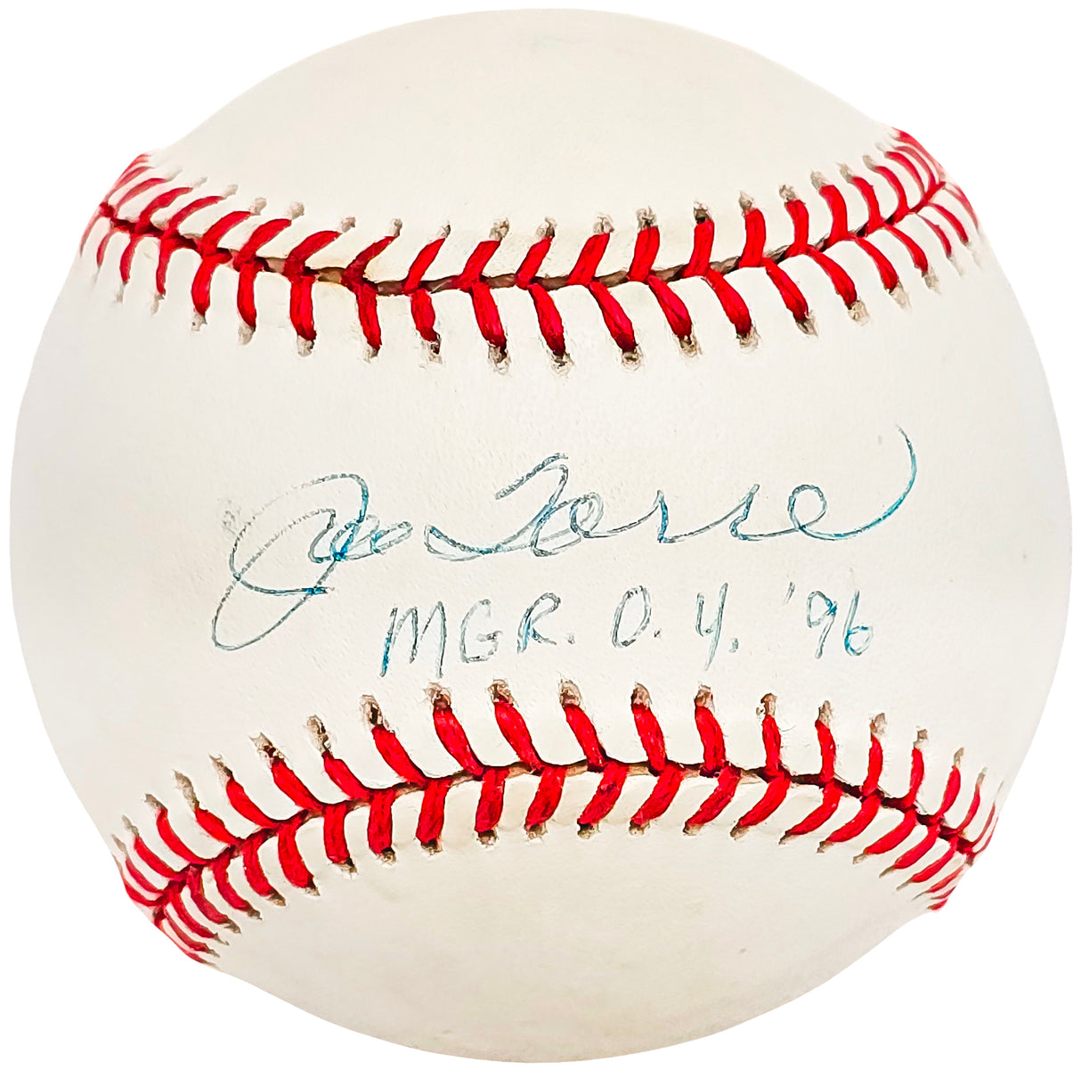 Joe Torre Autographed Official 1996 World Series Logo Baseball New York Yankees "Mgr. O.Y. 96" Beckett BAS #BH038090