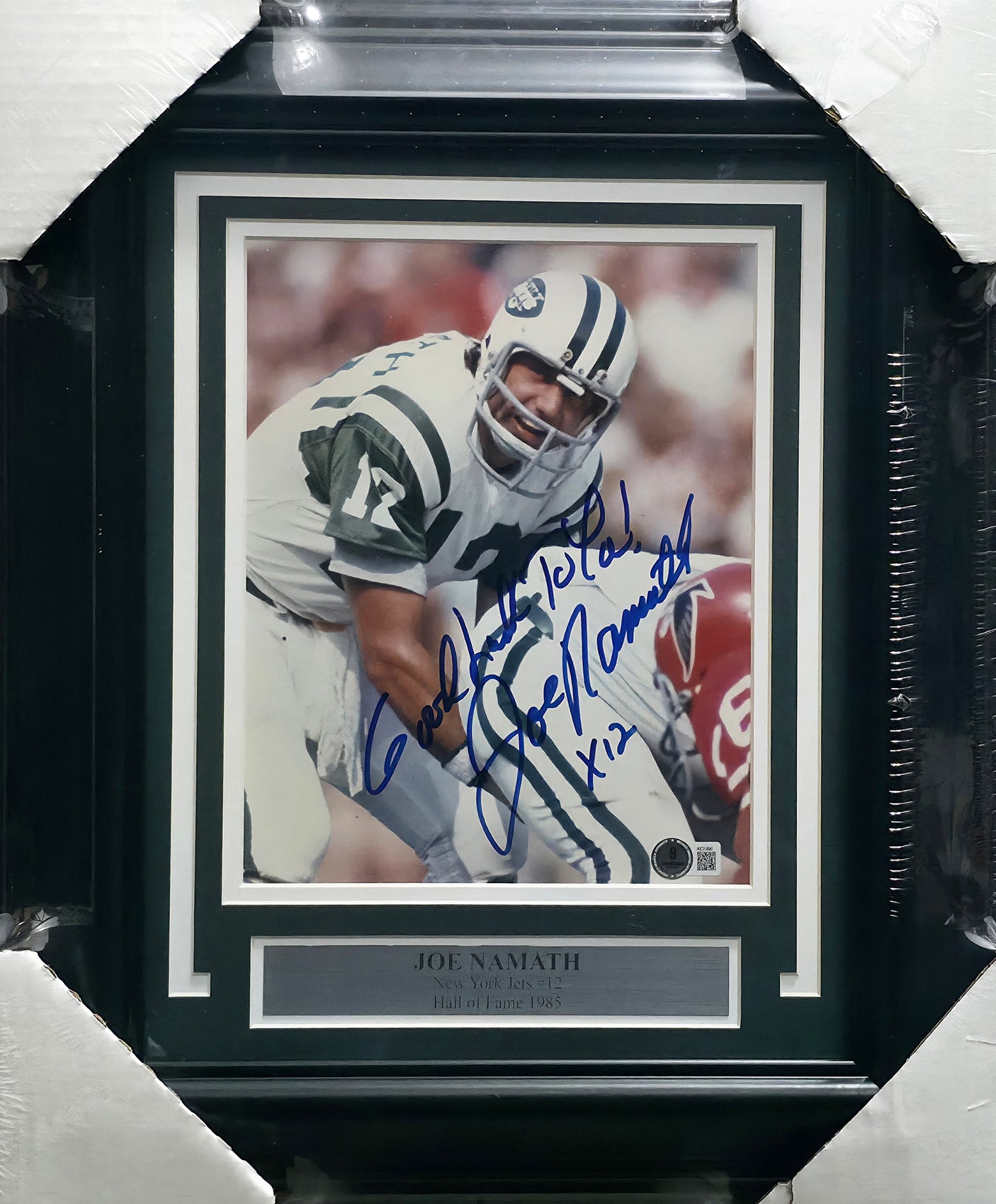 Joe Namath Autographed Framed 8x10 Photo New York Jets "Good Luck To You! x12" Beckett BAS QR #AE31690