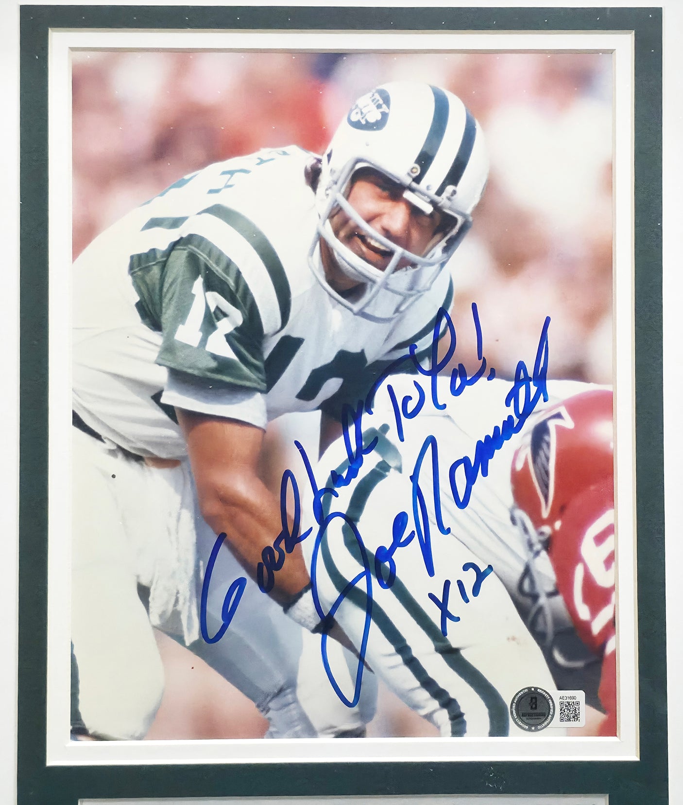 Joe Namath Autographed Framed 8x10 Photo New York Jets "Good Luck To You! x12" Beckett BAS QR #AE31690