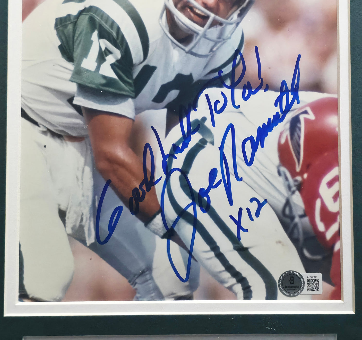 Joe Namath Autographed Framed 8x10 Photo New York Jets "Good Luck To You! x12" Beckett BAS QR #AE31690