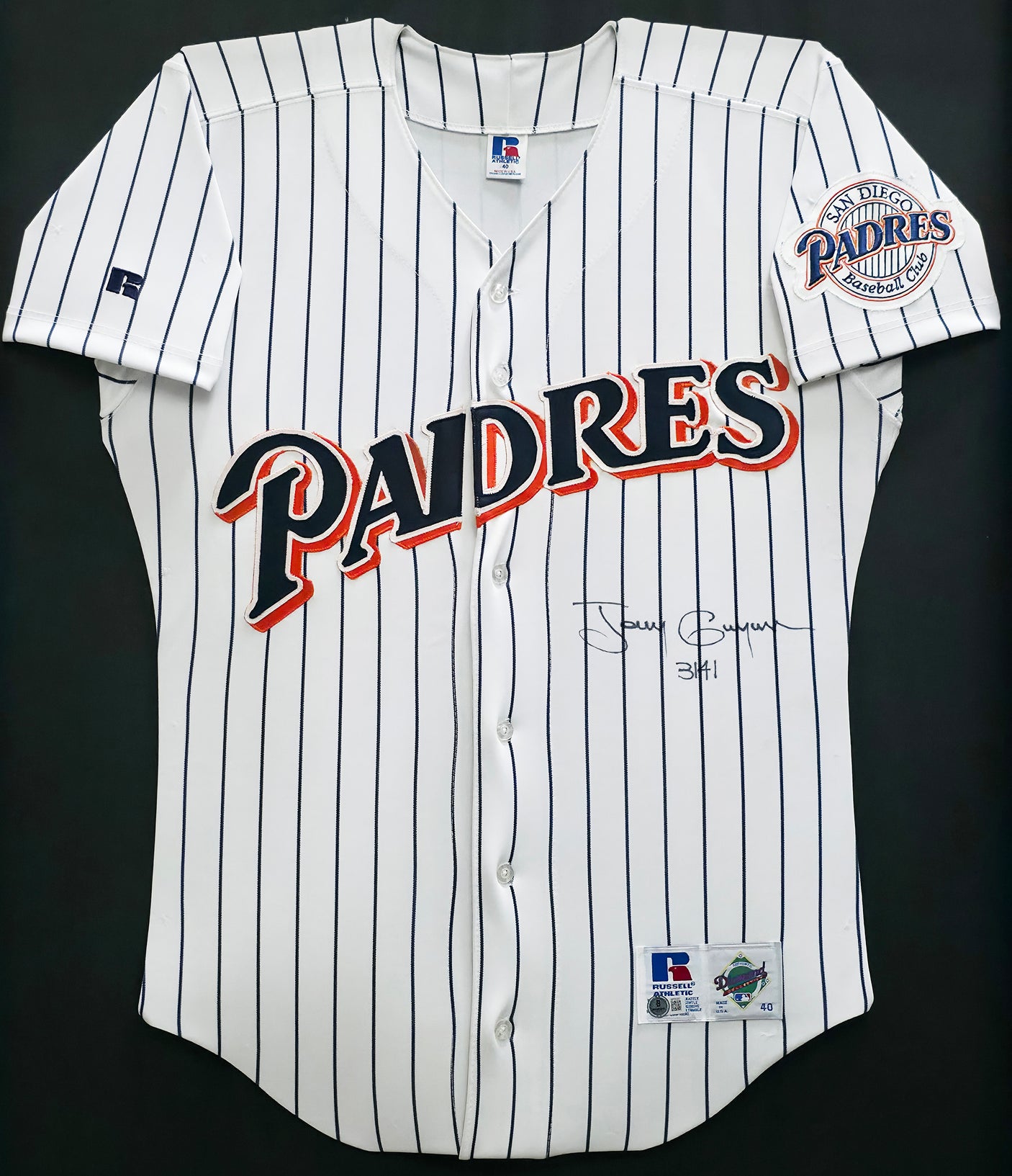 San Diego Padres Tony Gwynn Autographed Framed White Russell Jersey "3141" Beckett BAS QR #BP55357