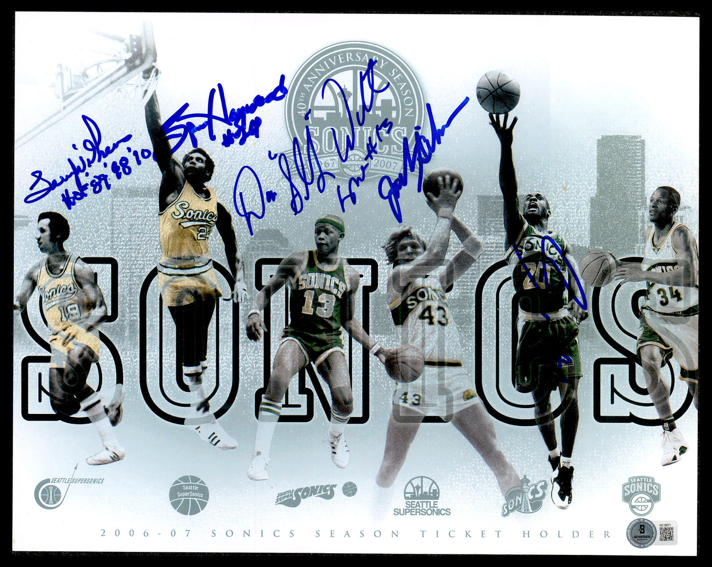 2006-07 40th Anniversary Seattle Supersonics Legends Autographed 11x14 Photo With 5 Signatures Including Gary Payton Beckett BAS #AE16671