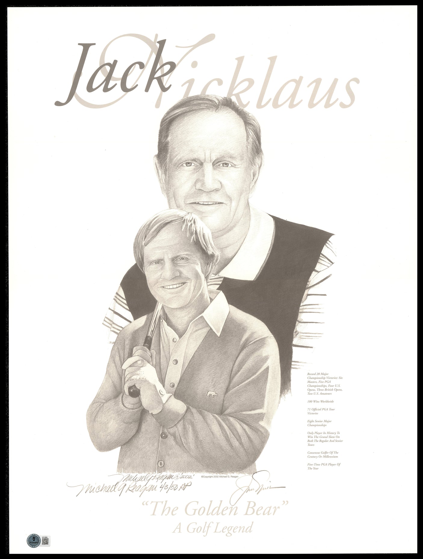 Jack Nicklaus Autographed 18x24 Lithograph Photo Artist Proof #43/50 Beckett BAS #AE16680