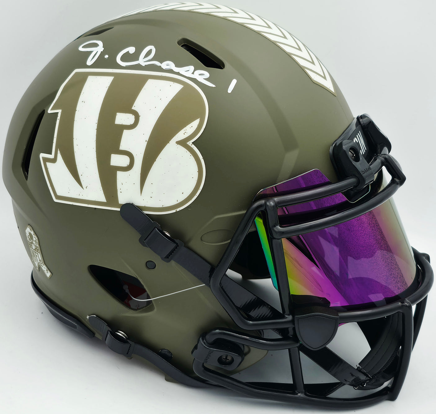 Ja'Marr Chase Autographed Cincinnati Bengals Camo Green Full Size Salute To Service Speed Authentic Helmet Beckett BAS Witness #2W485049