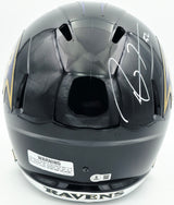 Ray Lewis Autographed Baltimore Ravens Black Full Size Speed Replica Helmet Beckett BAS Witness #2W624494