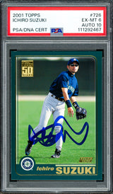 Ichiro Suzuki Autographed 2001 Topps Rookie Card #726 Seattle Mariners PSA 6 Auto Grade Gem Mint 10 PSA/DNA Stock #250506