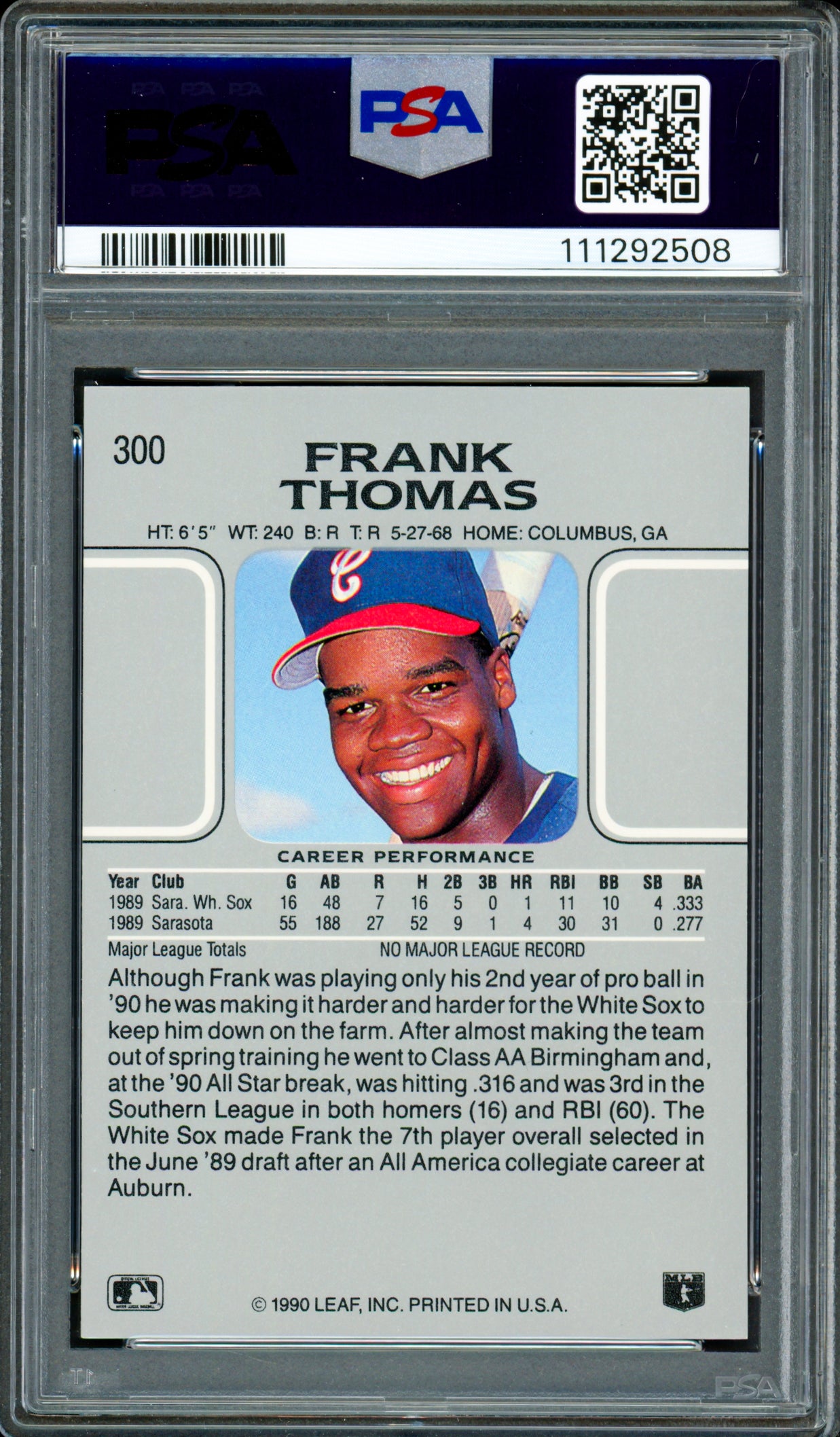 Frank Thomas Autographed 1990 Leaf Rookie Card #300 Chicago White Sox PSA 8 Auto Grade Gem Mint 10 PSA/DNA Stock #250507