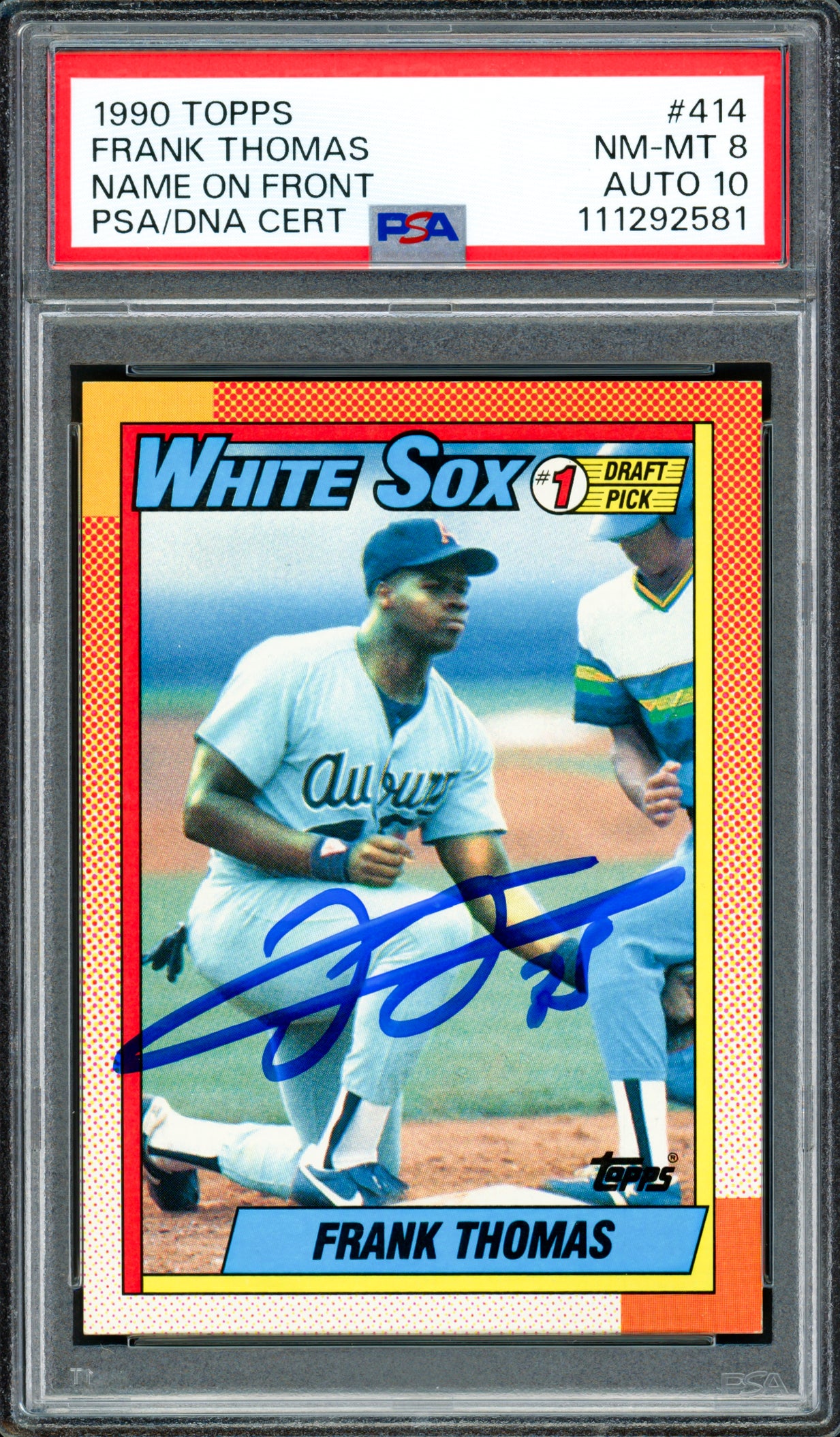 Frank Thomas Autographed 1990 Topps Rookie Card #414 Chicago White Sox PSA 8 Auto Grade Gem Mint 10 PSA/DNA Stock #250510