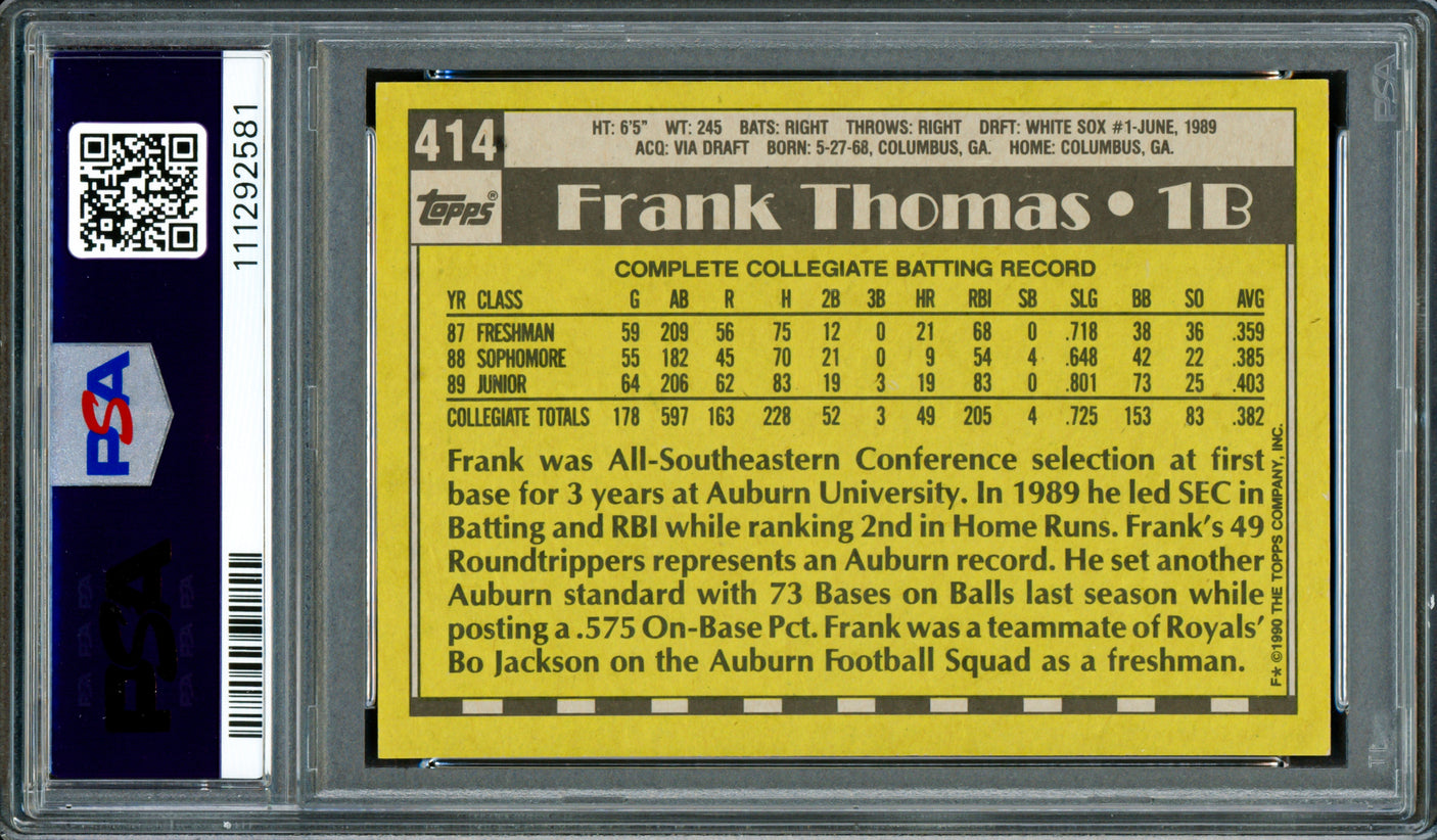 Frank Thomas Autographed 1990 Topps Rookie Card #414 Chicago White Sox PSA 8 Auto Grade Gem Mint 10 PSA/DNA Stock #250510