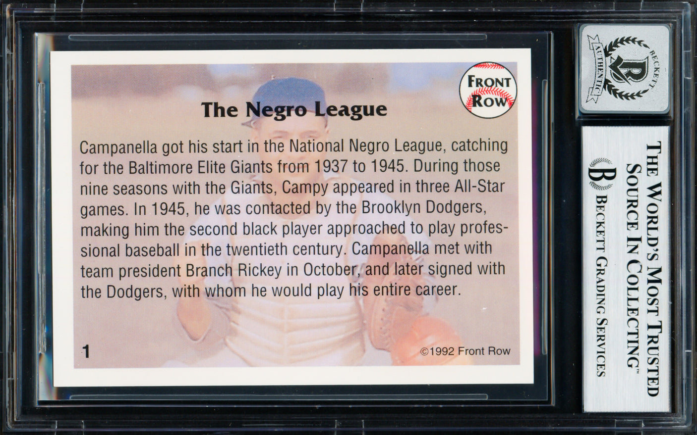 Roy Campanella Autographed 1982 Front Row Card #1 Brooklyn Dodgers Auto Grade Gem Mint 10 Beckett BAS #18282859