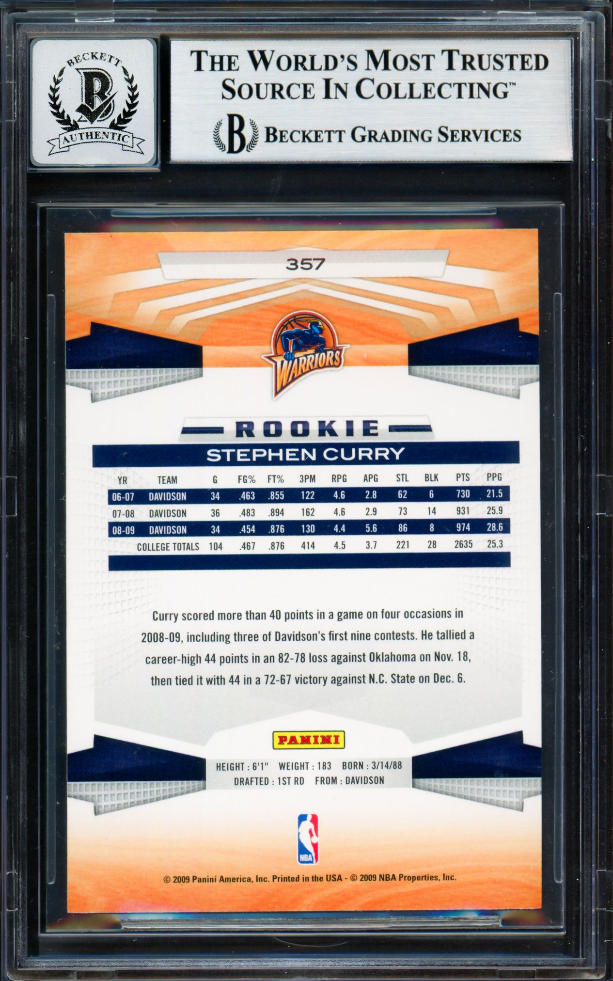 Stephen Curry Autographed 2009-10 Panini Rookie Card #357 Golden State Warriors Auto Grade Gem Mint 10 Beckett BAS #18282848