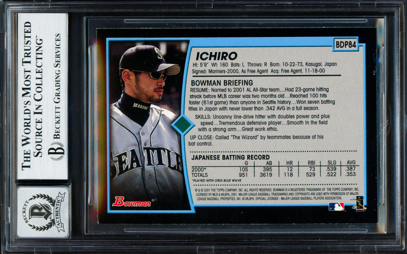 Ichiro Suzuki Autographed 2001 Bowman Draft Picks Rookie Card #BDP84 Seattle Mariners Auto Grade Gem Mint 10 Beckett BAS #18282943