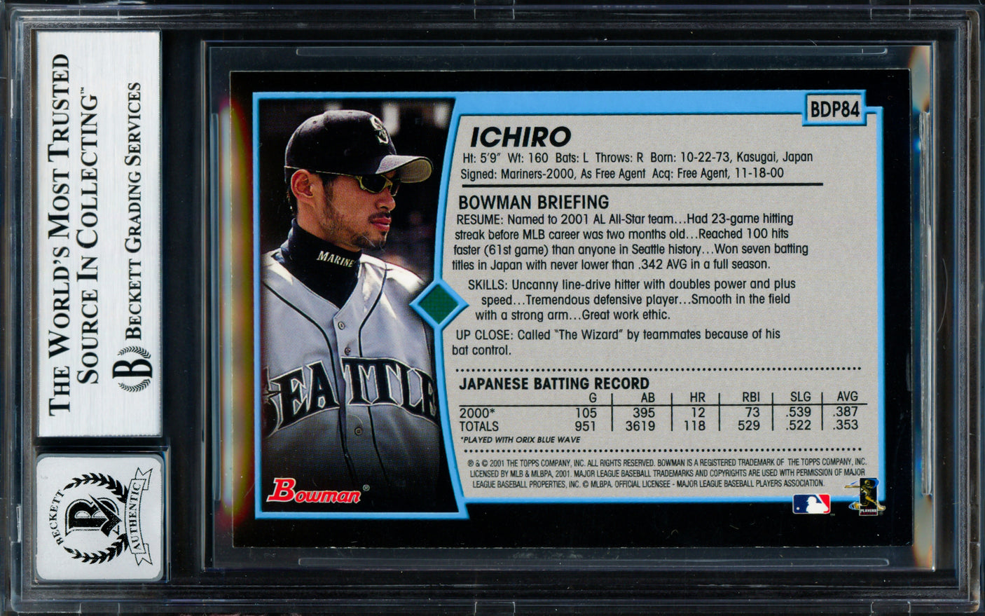 Ichiro Suzuki Autographed 2001 Bowman Draft Picks Rookie Card #BDP84 Seattle Mariners Auto Grade Gem Mint 10 Beckett BAS #18282944