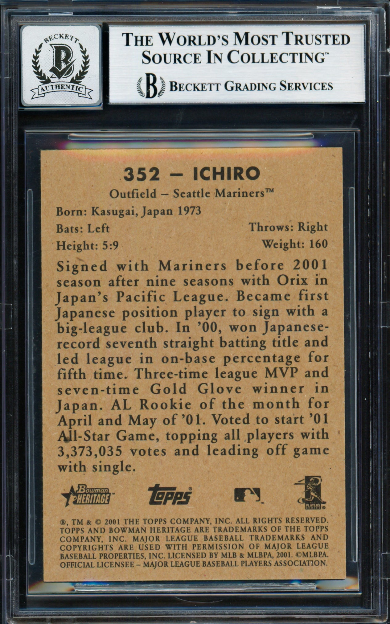 Ichiro Suzuki Autographed 2001 Bowman Heritage Rookie Card #352 Seattle Mariners Auto Grade Gem Mint 10 Beckett BAS #18282947