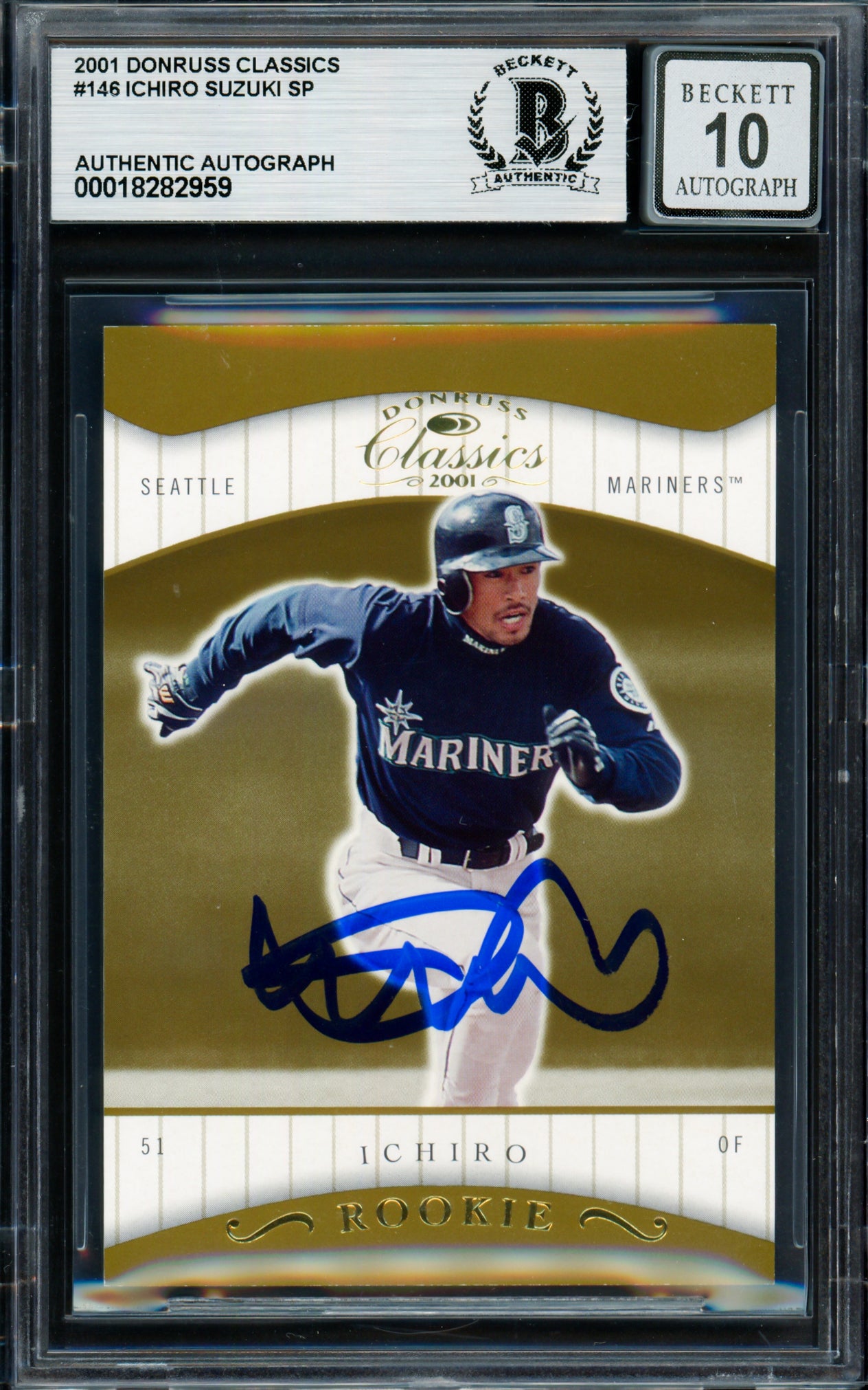 Ichiro Suzuki Autographed 2001 Donruss Classics Rookie Card #146 Seattle Mariners Auto Grade Gem Mint 10 #568/585 Beckett BAS #18282959