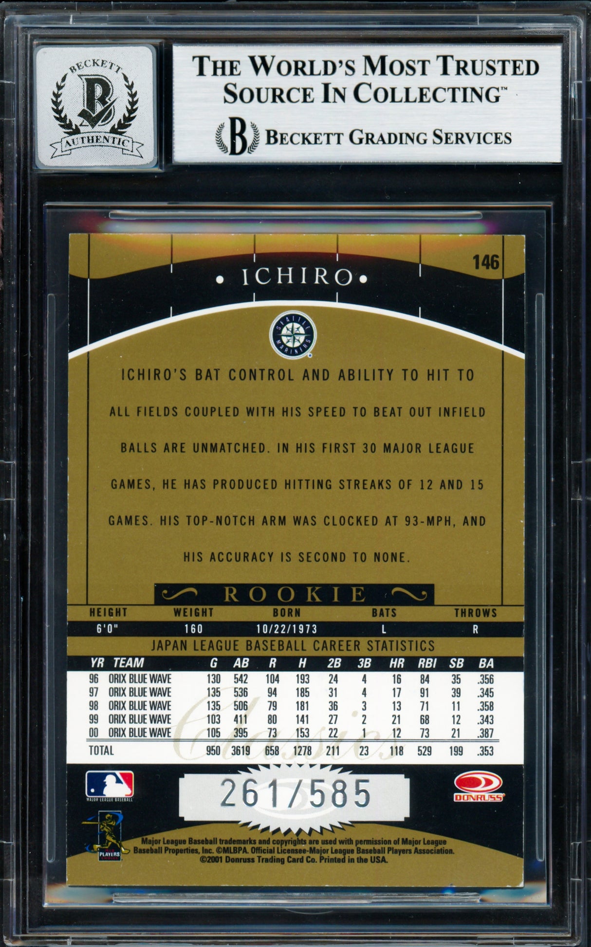 Ichiro Suzuki Autographed 2001 Donruss Classics Rookie Card #146 Seattle Mariners Auto Grade Gem Mint 10 #261/585 Beckett BAS #18282958