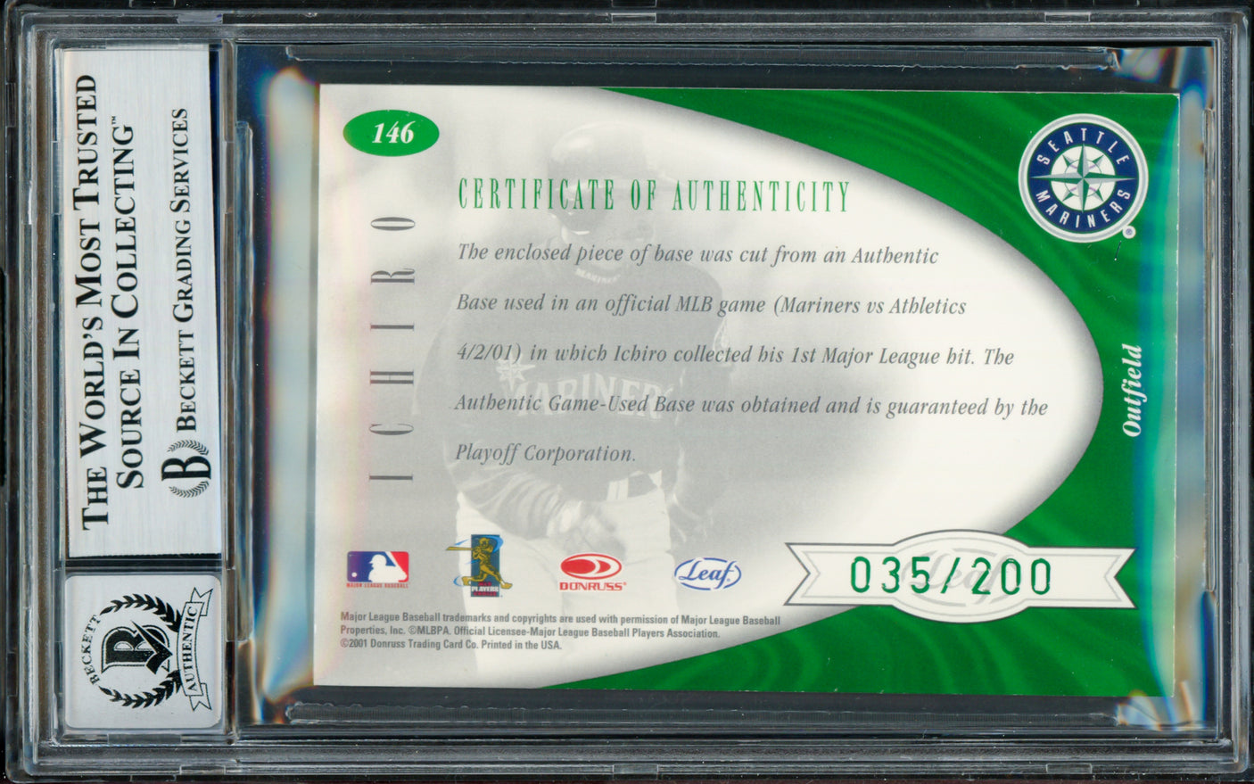 Ichiro Suzuki Autographed 2001 Leaf Certified Material Rookie Card #146 Seattle Mariners Auto Grade Gem Mint 10 #35/200 Beckett BAS #18283149