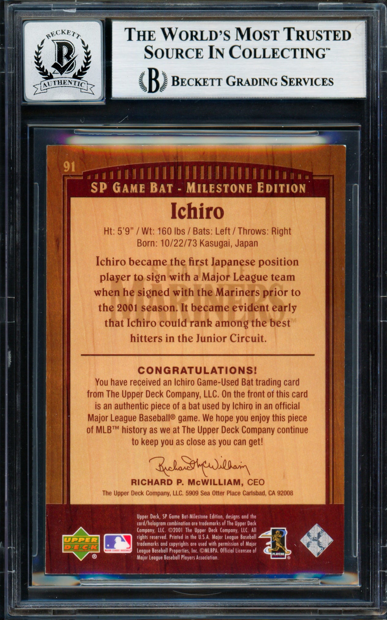 Ichiro Suzuki Autographed 2001 SP Game Bat Milestone Rookie Card #91 Seattle Mariners Auto Grade Gem Mint 10 #118/500 Beckett BAS #18283026