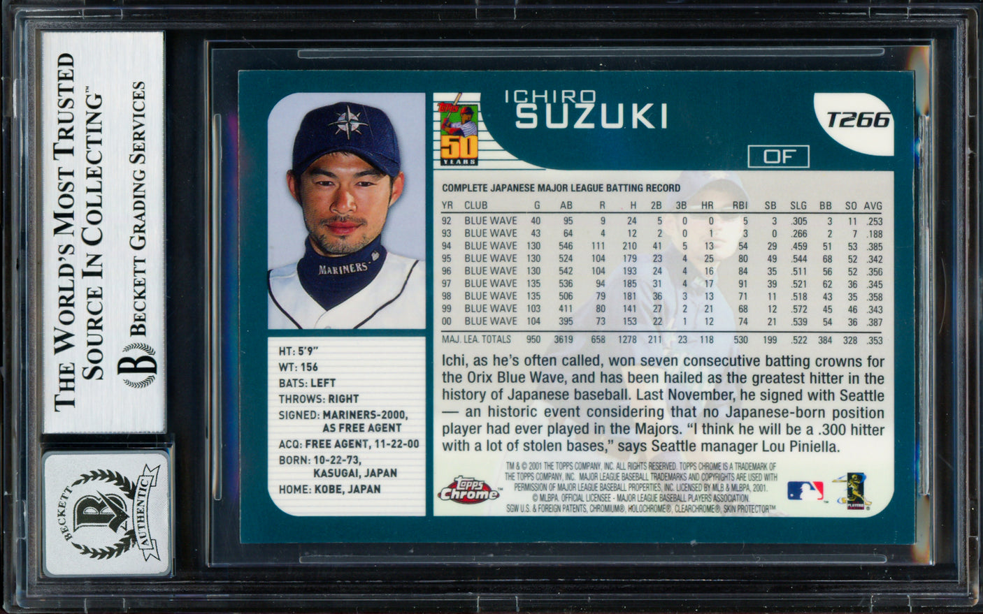 Ichiro Suzuki Autographed 2001 Topps Chrome Rookie Card #T266 Seattle Mariners Auto Grade Gem Mint 10 Beckett BAS #18283139