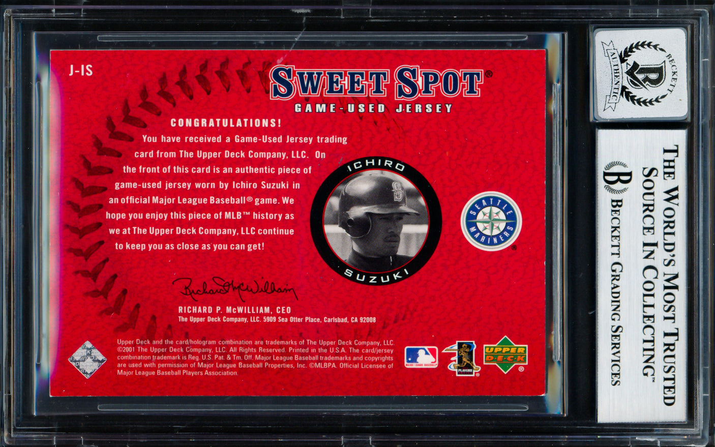 Ichiro Suzuki Autographed 2001 Upper Deck Sweet Spot Game Jersey Rookie Card #J-IS Seattle Mariners Auto Grade Gem Mint 10 Beckett BAS #18283138