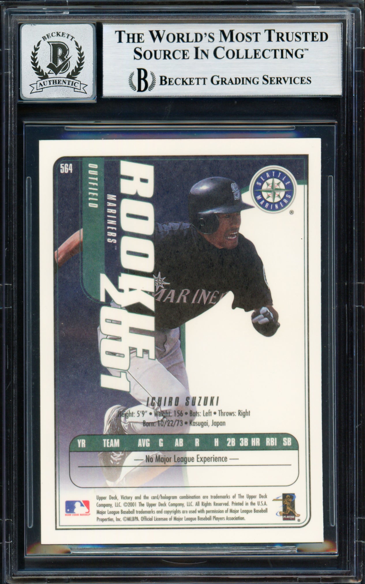 Ichiro Suzuki Autographed 2001 Upper Deck Victory Rookie Card #564 Seattle Mariners Auto Grade Gem Mint 10 Beckett BAS #18283145