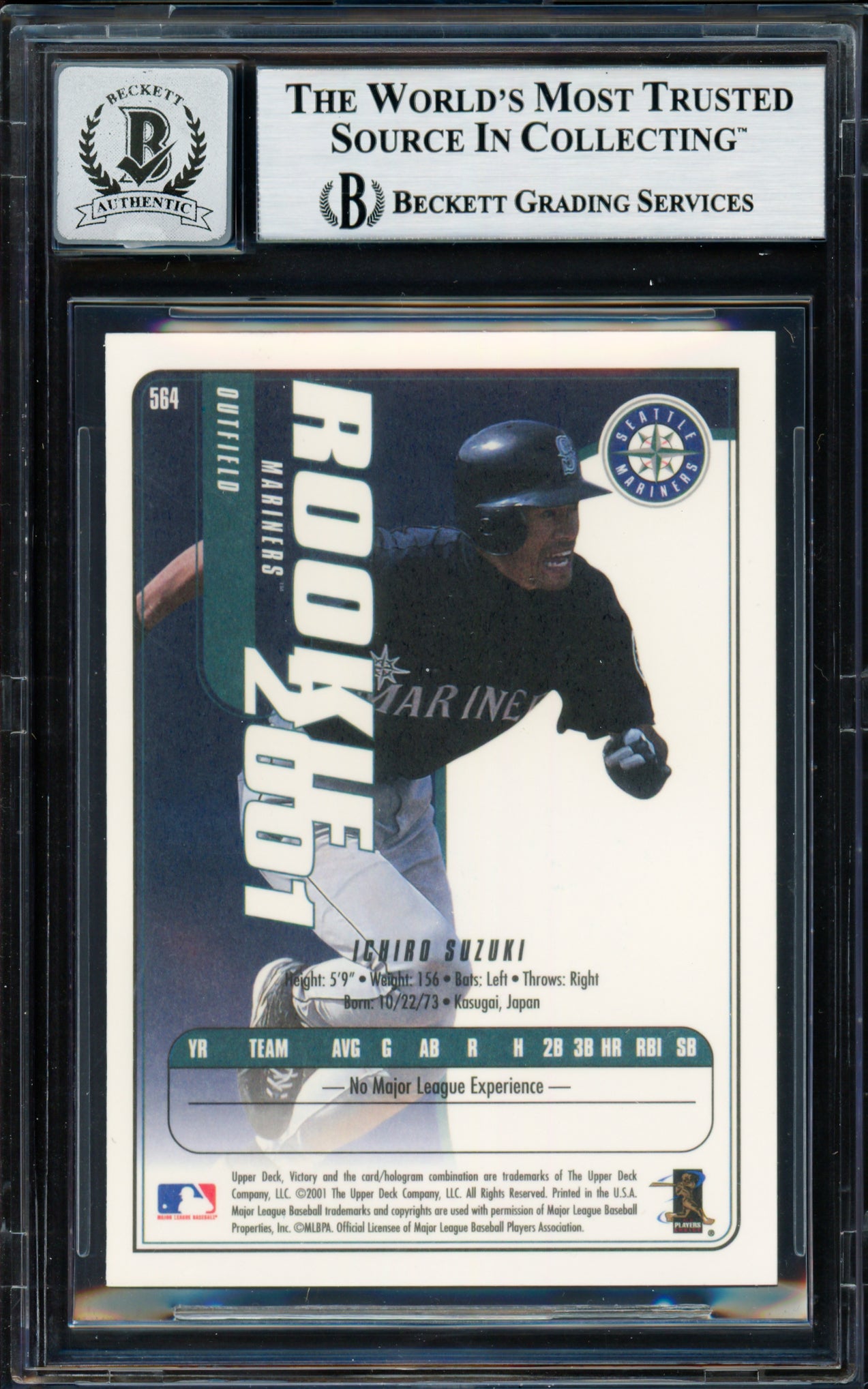 Ichiro Suzuki Autographed 2001 Upper Deck Victory Rookie Card #564 Seattle Mariners Auto Grade Gem Mint 10 Beckett BAS #18283143