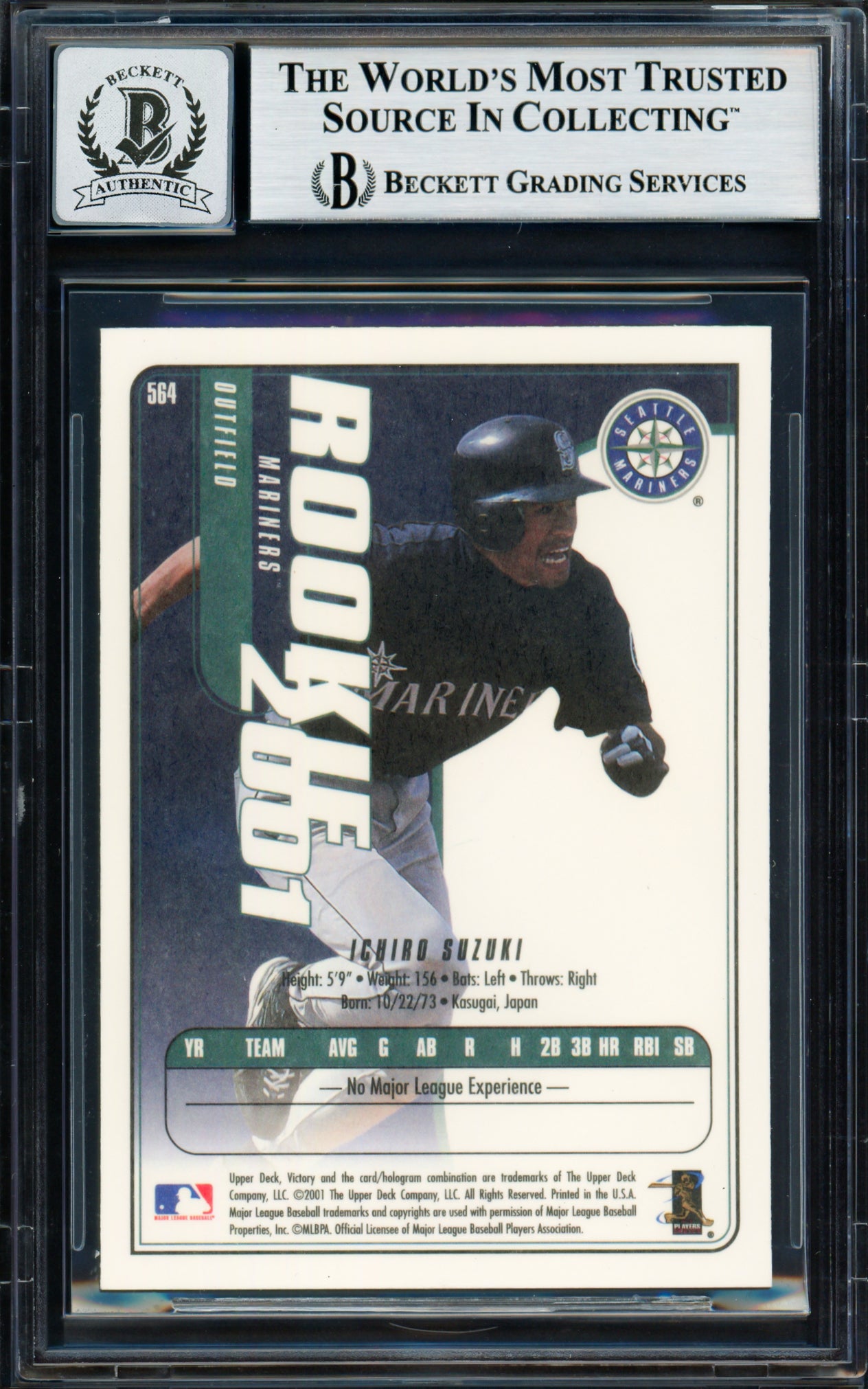 Ichiro Suzuki Autographed 2001 Upper Deck Victory Rookie Card #564 Seattle Mariners Auto Grade Gem Mint 10 Beckett BAS #18283144