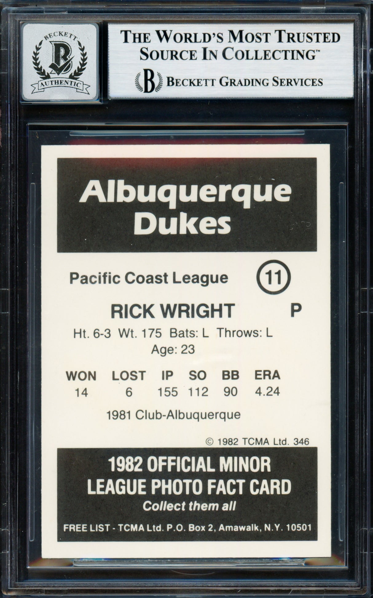 Rick Ricky Wright Autographed 1982 TCMA Card #11 Albuquerque Dukes Auto Grade Gem Mint 10 "To Mike" Beckett BAS #18282850