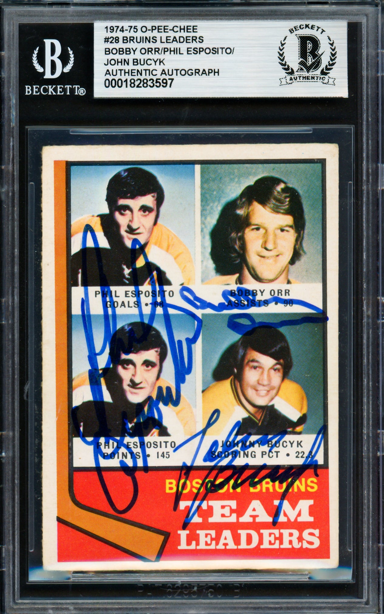Bobby Orr, Phil Esposito & Johnny Bucyk Autographed 1974-75 O Pee Chee Card #28 Boston Bruins Beckett BAS #18283597