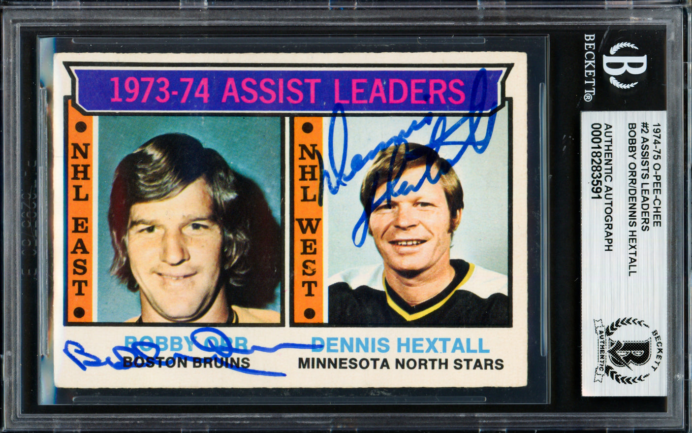 Bobby Orr & Dennis Hextall Autographed 1974-75 O Pee Chee Card #2 Assist Leaders Beckett BAS #18283591