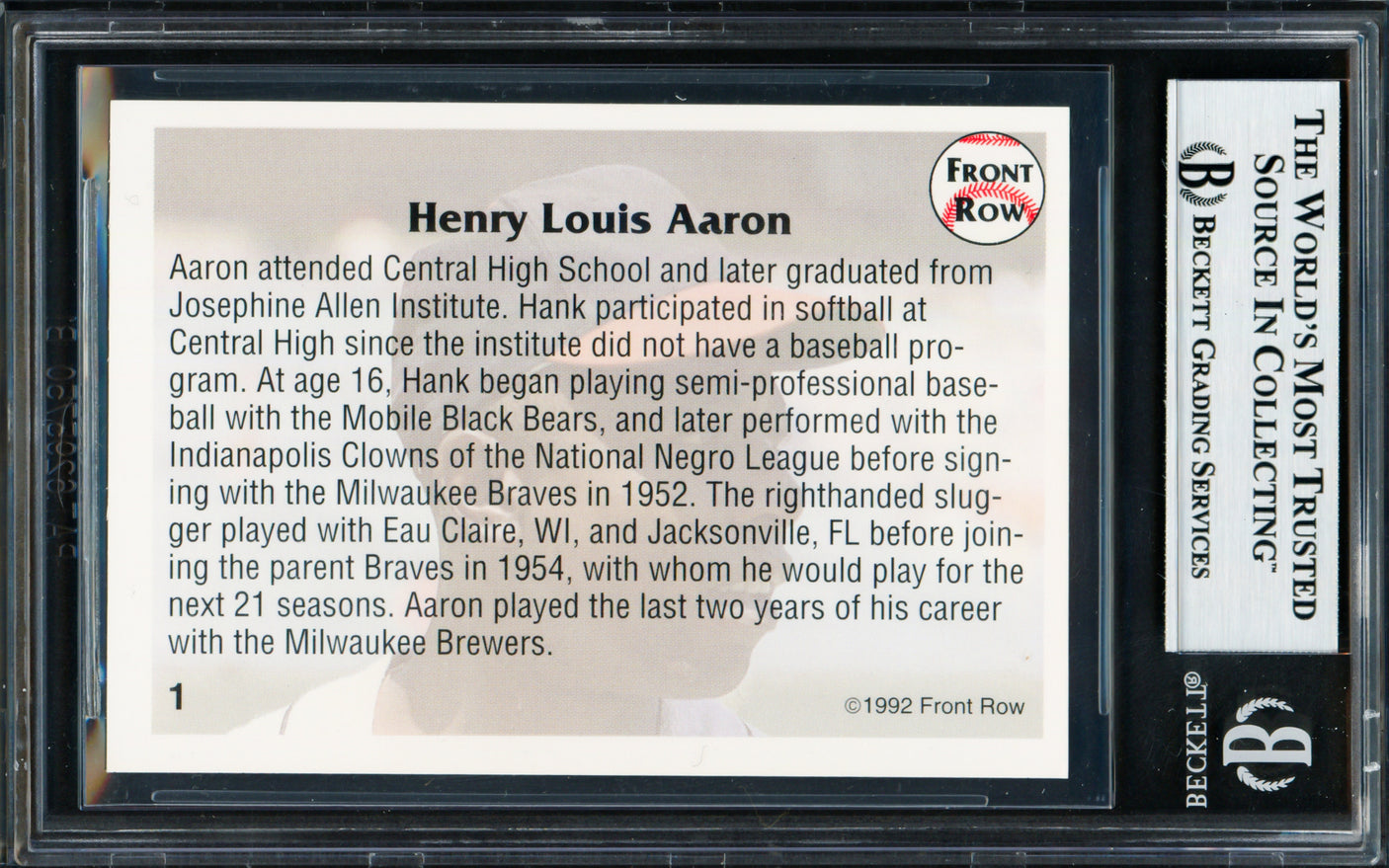 Hank Aaron Autographed 1992 Front Row Card #1 Atlanta Braves Beckett BAS #18283316