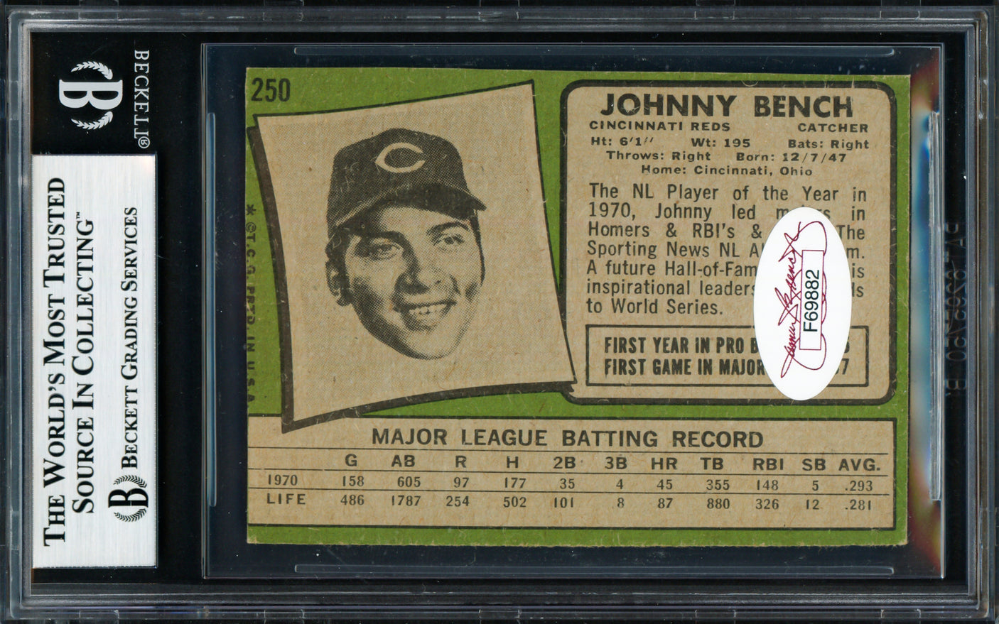 Johnny Bench Autographed 1971 Topps Card #250 Cincinnati Reds (Trimmed) Vintage Signature Beckett BAS #18283323