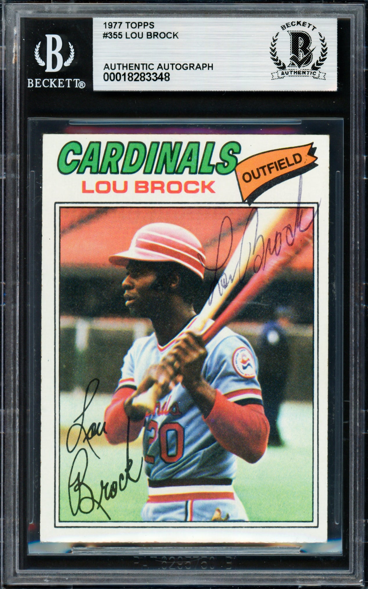 Lou Brock Autographed 1977 Topps Card #355 St. Louis Cardinals Beckett BAS #18283348