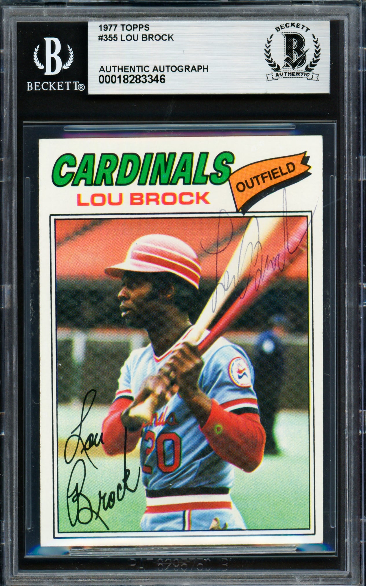 Lou Brock Autographed 1977 Topps Card #355 St. Louis Cardinals Beckett BAS #18283346