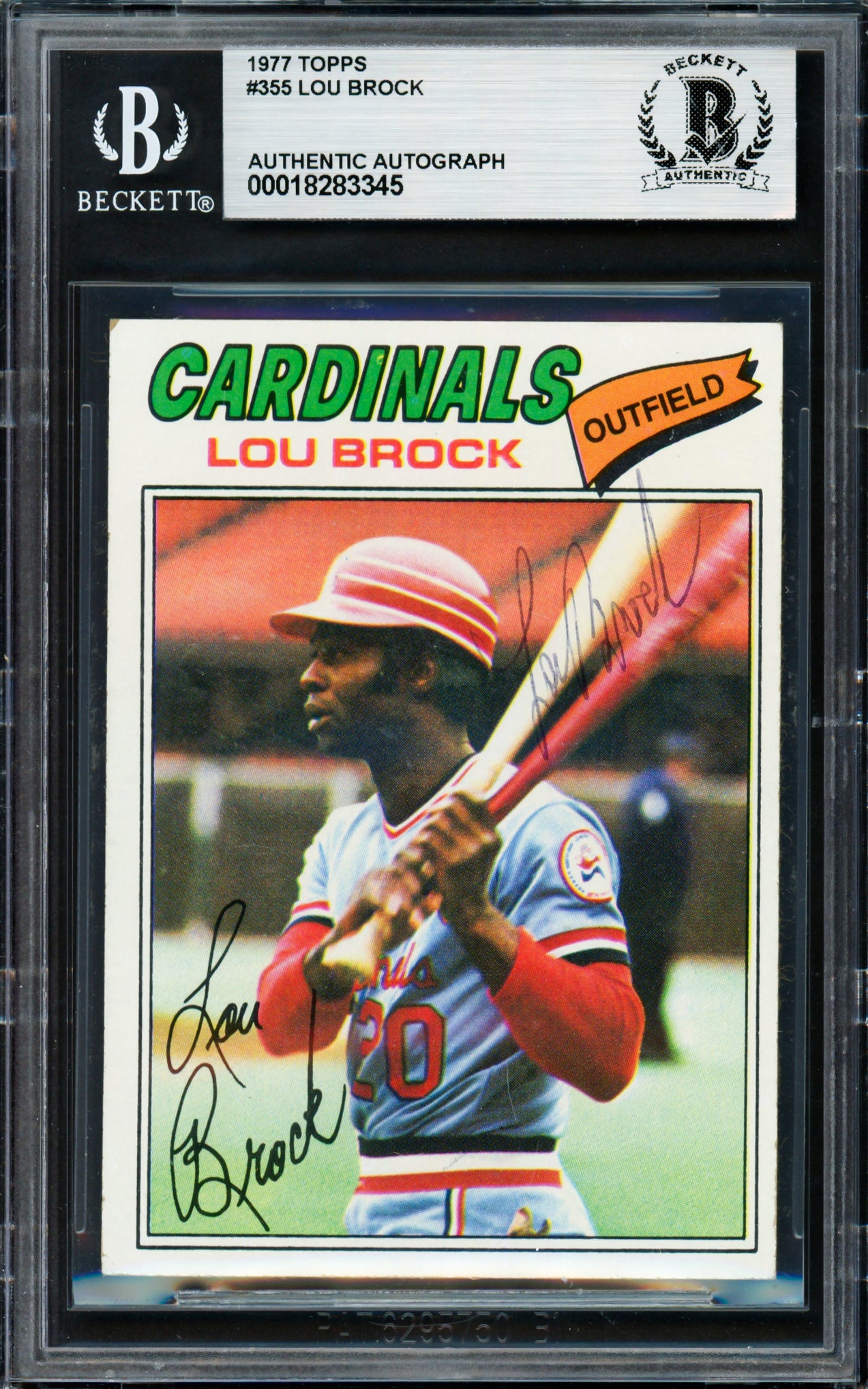 Lou Brock Autographed 1977 Topps Card #355 St. Louis Cardinals Beckett BAS #18283345