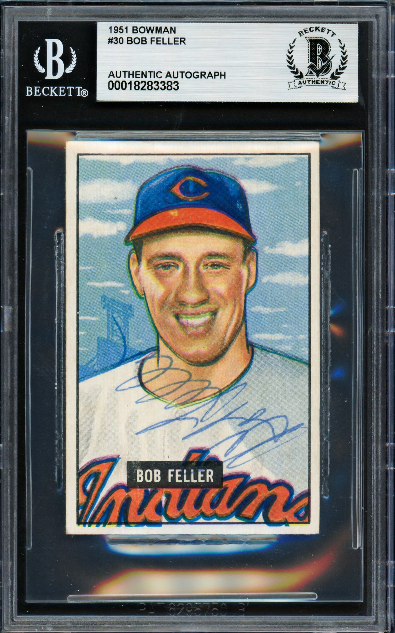 Bob Feller Autographed 1951 Bowman Card #30 Cleveland Indians Beckett BAS #18283383