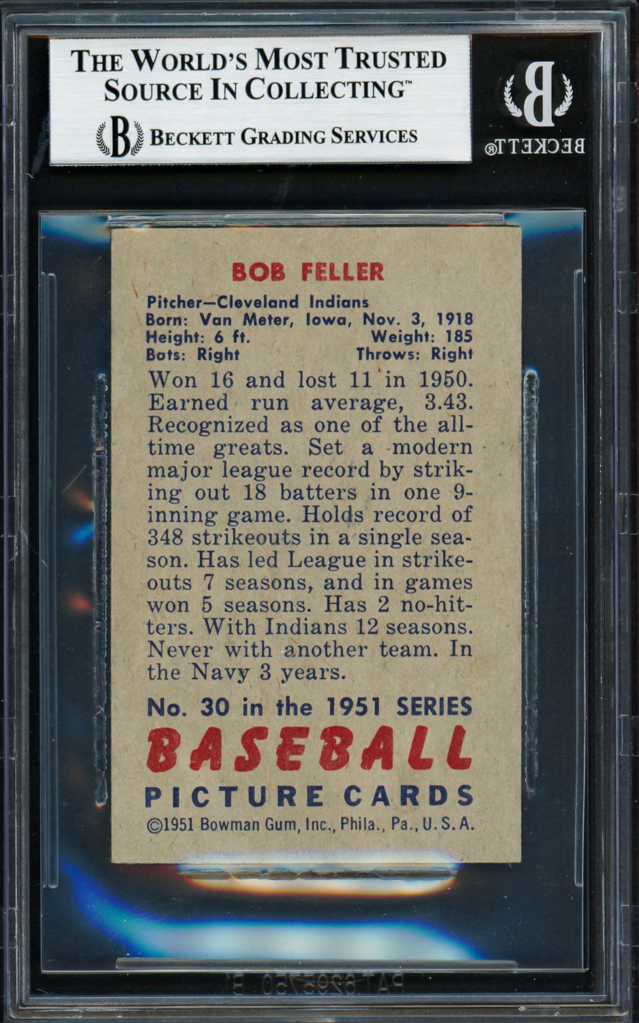 Bob Feller Autographed 1951 Bowman Card #30 Cleveland Indians Beckett BAS #18283383