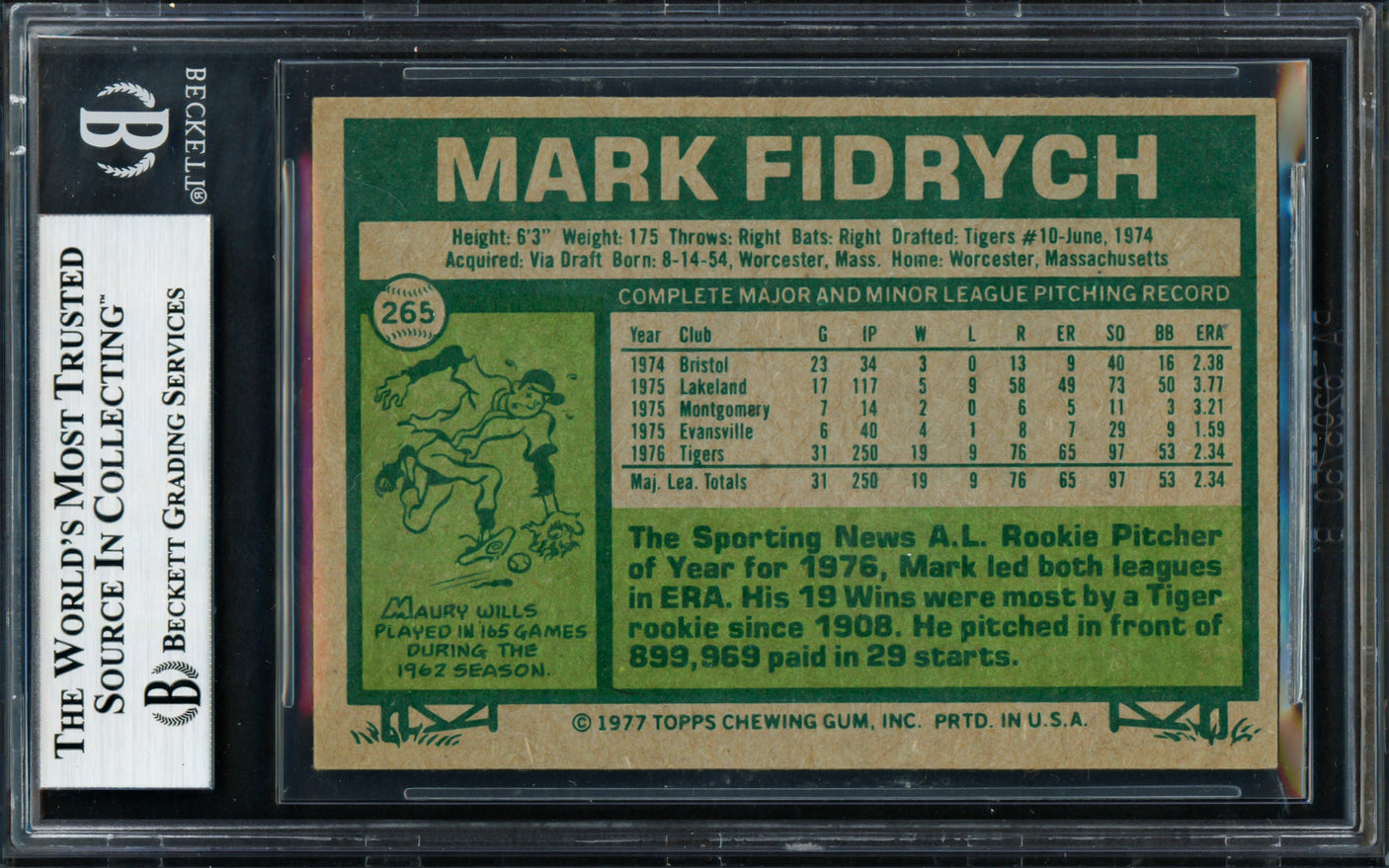 Mark "The Bird" Fidrych Autographed 1977 Topps Rookie Card #265 Detroit Tigers Beckett BAS #18283397