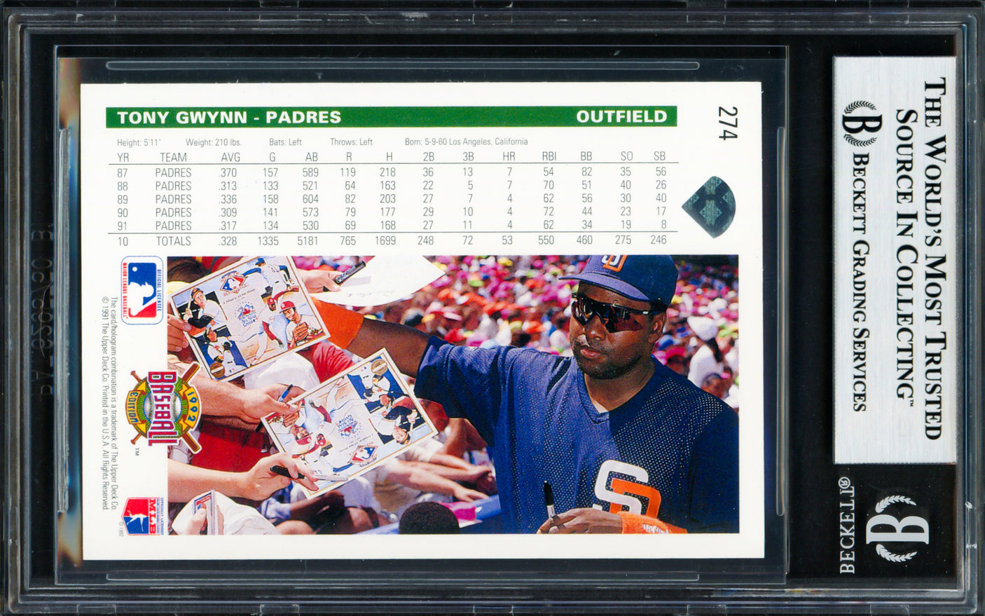 Tony Gwynn Autographed 1992 Upper Deck Card #274 San Diego Padres Beckett BAS #18283418