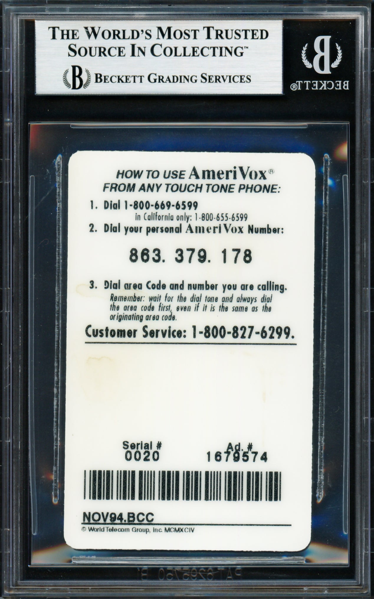 Tony Gwynn Autographed 1995 AmeriVox Phone Card San Diego Padres Beckett BAS #18283428