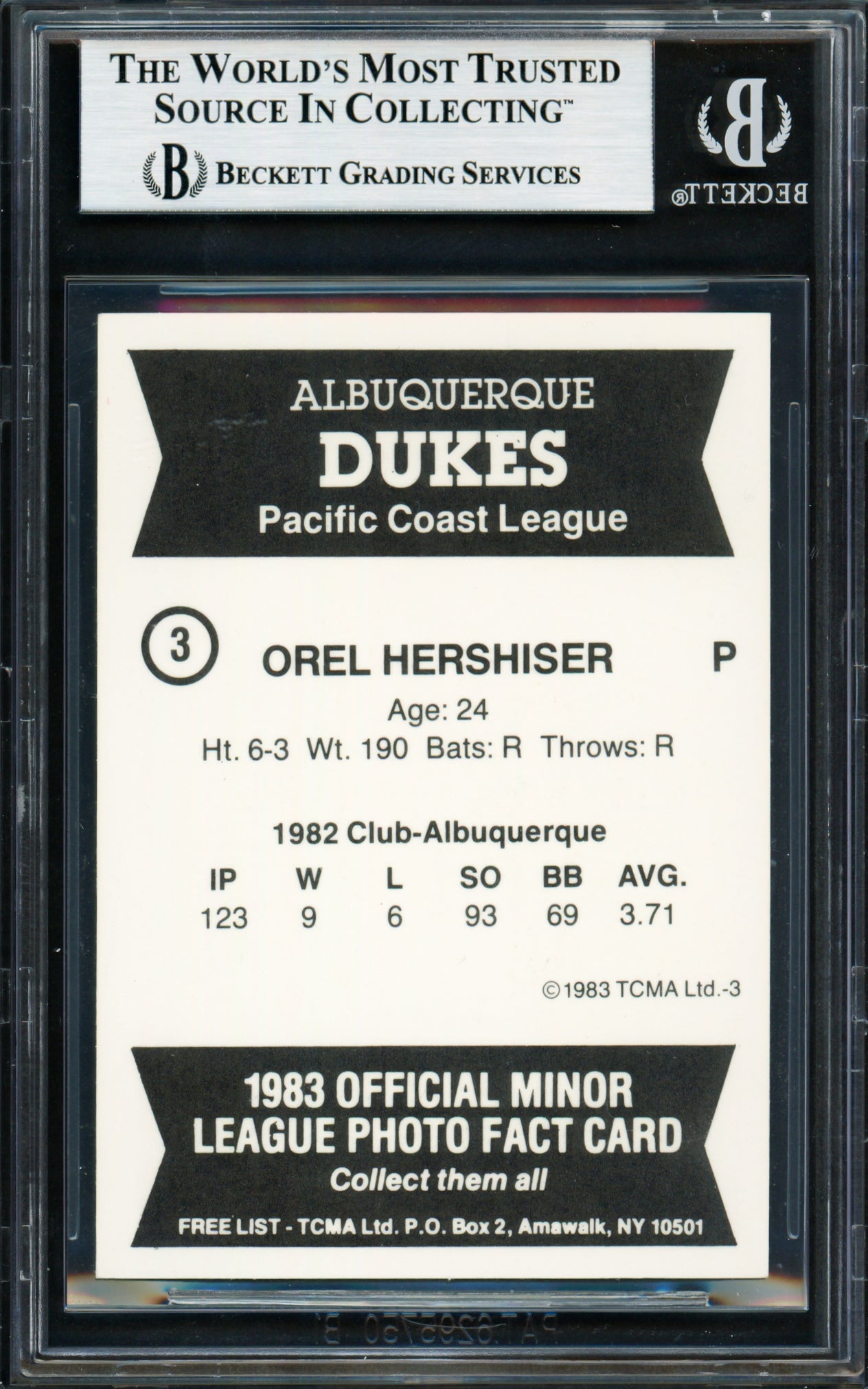 Orel Hershiser Autographed 1983 TCMA Rookie Card #3 Albuquerque Dukes Beckett BAS #18283448