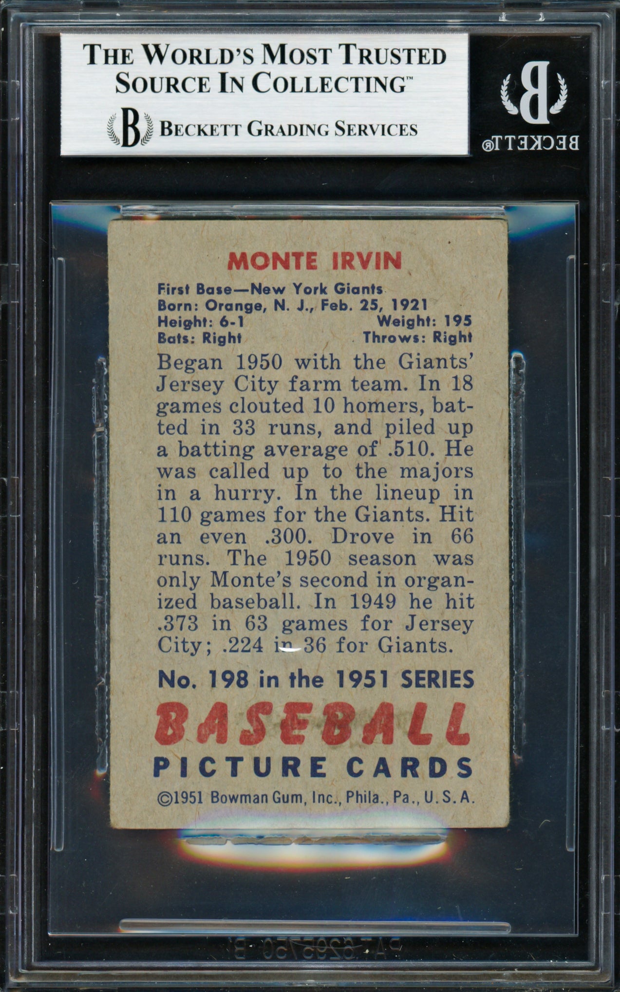 Monte Irvin Autographed 1951 Bowman Rookie Card #198 New York Giants Beckett BAS #18283458