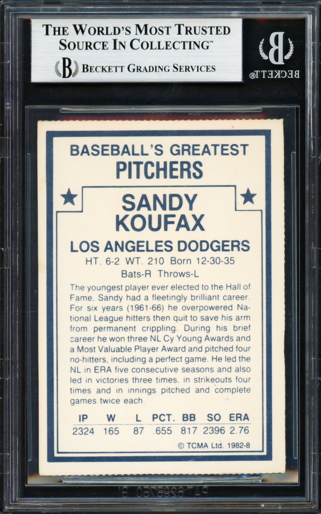 Sandy Koufax Autographed 1982 TCMA Card #8 Los Angeles Dodgers Beckett BAS #18283480