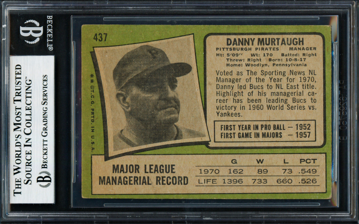 Danny Murtaugh Autographed 1971 Topps Card #437 Pittsburgh Pirates Beckett BAS #18283499