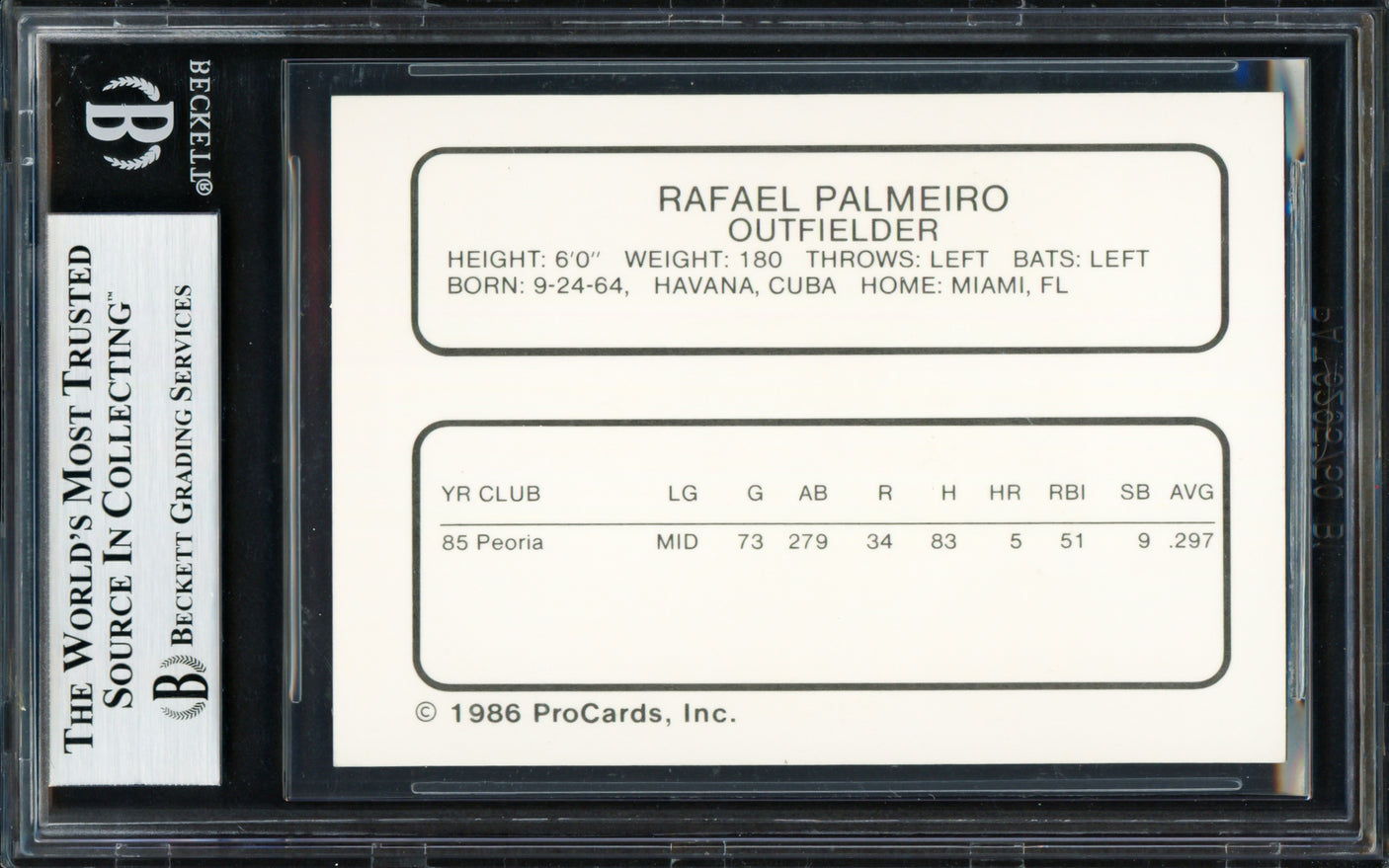 Rafael Palmeiro Autographed 1986 ProCards Card Pittsfield Cubs Vintage Signature Beckett BAS #18283531