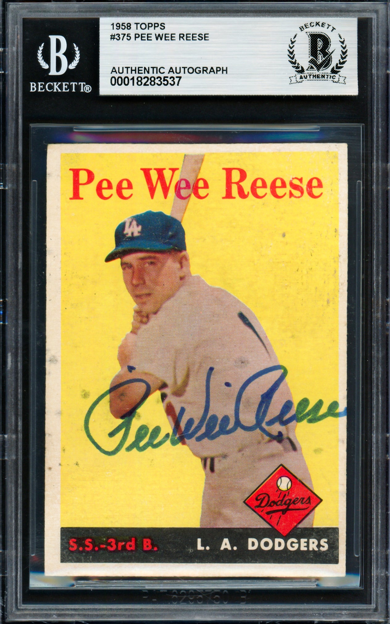 Pee Wee Reese Autographed 1958 Topps Card #375 Brooklyn Dodgers Beckett BAS #18283537