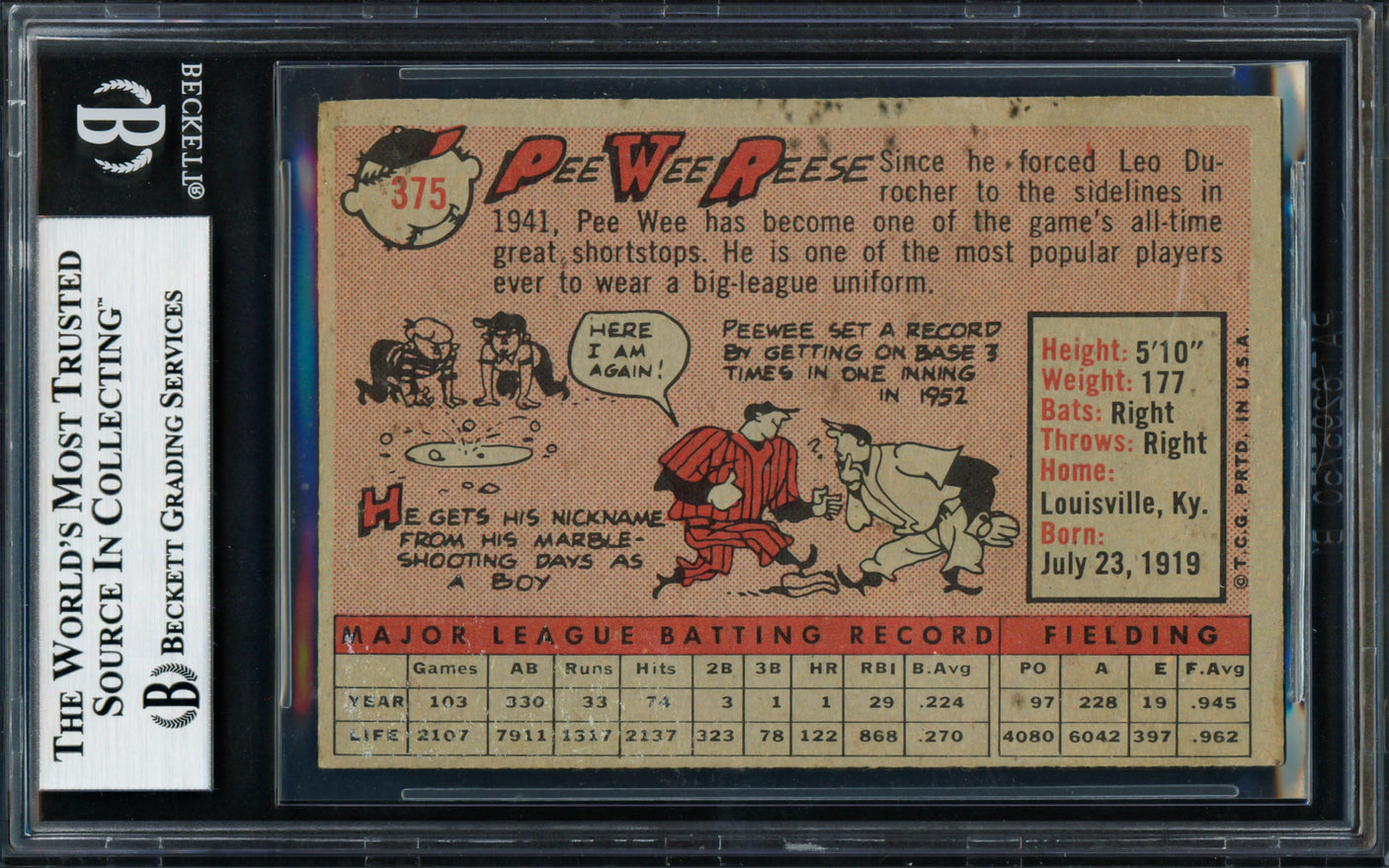 Pee Wee Reese Autographed 1958 Topps Card #375 Brooklyn Dodgers Beckett BAS #18283537