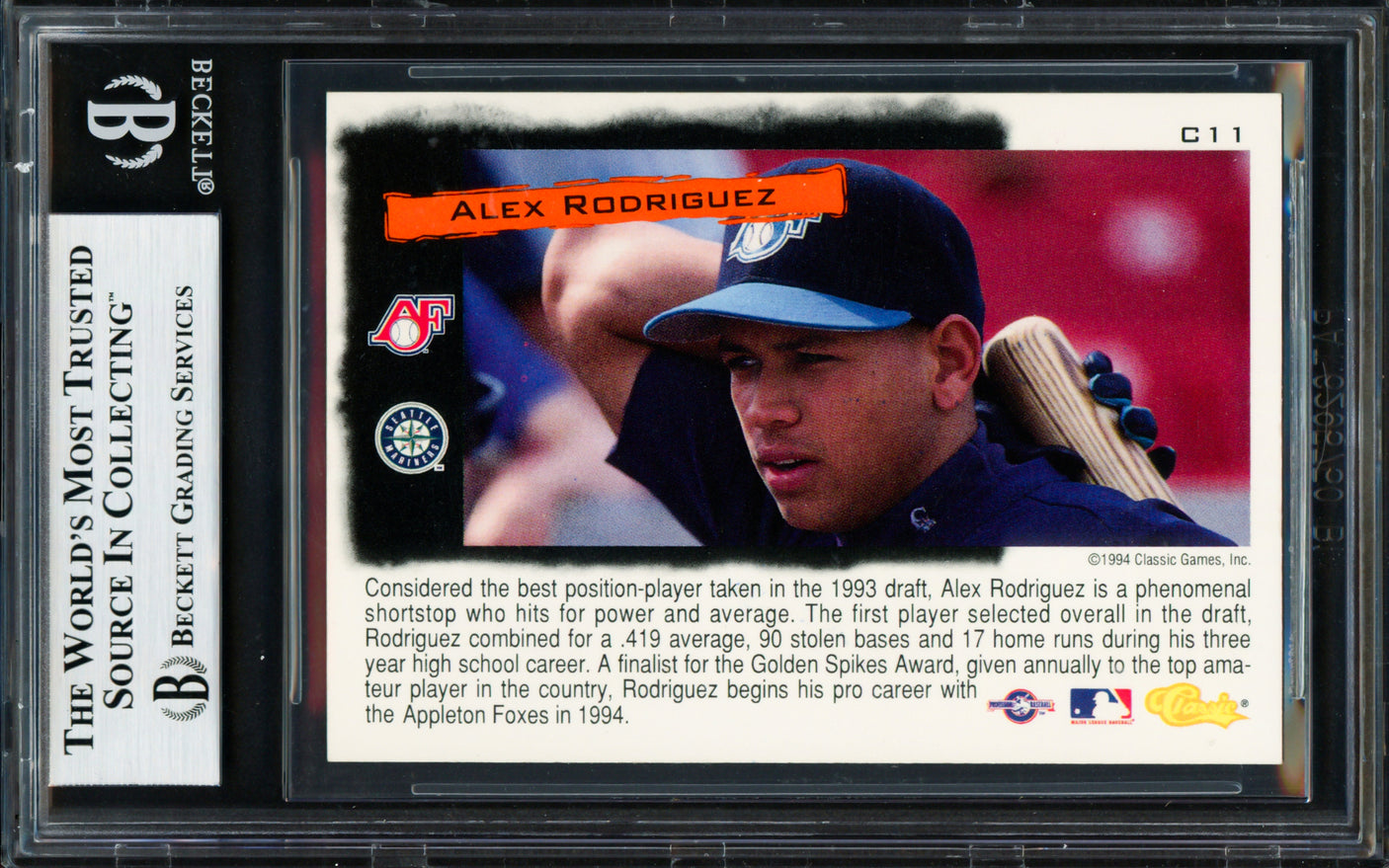 Alex Rodriguez Autographed 1994 Classic Card #C11 Seattle Mariners Beckett BAS #18283552