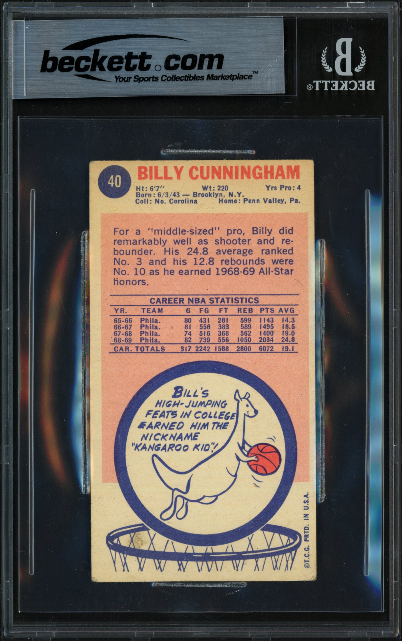 Billy Cunningham Autographed 1969-70 Topps Rookie Card #40 Philadelphia 76ers Beckett BAS #18284334